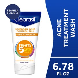 Clearasil Stubborn Acne Control 5in1 Exfoliating Wash 6.78 fl. oz., Reduces Blocked Pores, Pimple S (Pack of 5),6.78 Fl Oz (Pack of 5)