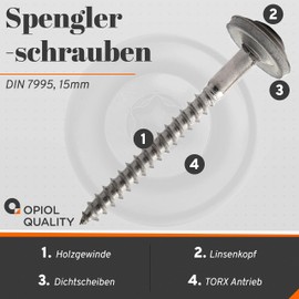 OPIOL QUALITY® Torx Spengler Screws 4.5 x 120 mm with U-Washer 15 mm Made of A2 V2A Stainless Steel (50 Pieces) Similar to DIN 7995 TX Sealing Washer Wood Screws Corrugated Plate Screws