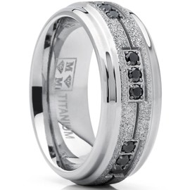 Bonndorf Men's Women's Titanium Black Trinity Cubic Zirconia Ring Wedding Band With Shimmer Finish 8mm 7.5