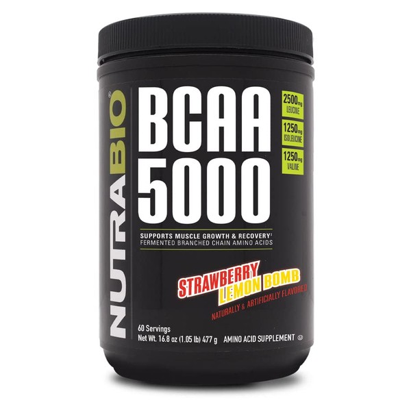 NutraBio BCAA 5000 Powder - Vegan Fermented BCAAs - Supports Lean Muscle Growth, Recovery, Endurance - Zero Fat, Sugar, and Carbs - 60 Servings - Strawberry Lemon Bomb