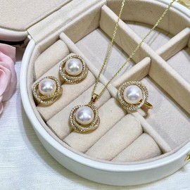yuruyi Jewelry Set Necklace for Women, Silver/Gold Plated Adjustable Dainty Cubic Zirconia Trendy Choker Pendant Necklace+Earrings+Ring Jewelry Set for Women (Gold-flower)