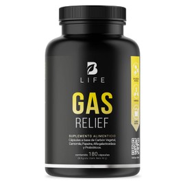 Gas Relief de 180 cápsulas. Ingredientes naturales: Carbón Vegetal, Camomila, Papaina, Probióticos. Gas Relief B Life.