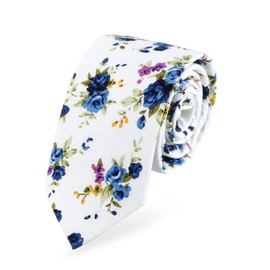 HOULIFE Floral Ties for Men – Skinny Mens Tie, Men’s Cotton Necktie, Slim Men’s Necktie for Wedding Party Casual Daily Use, 1 Pc (White&Blue Flower)