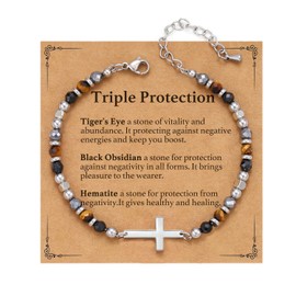 Triple Protection Bracelet Gifts for Women, Healing Crystals Beaded Cross Bracelet Hematite Black Obsidian Tigers Eye Natural Stone Healing Birthday Christmas Jewelry Gifts for Mom Best Friend Bestie (TP)
