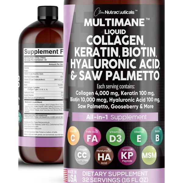 Liquid Collagen 4000mg Biotin 10000mcg Keratin 100mg Saw Palmetto Hyaluronic Acid 100mg - Hair Skin and Nails Vitamins and DHT Blocker with Vitamin D3 MSM 50mg Made in USA - 16 Fl. Oz