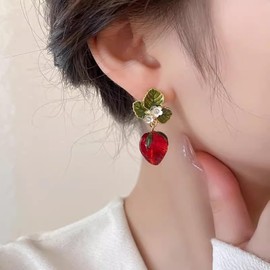 Strawberry Earrings Red Fruit Dangle Flower Leaf Stud Earrings for Women Cute Fun Drop Jewelry Unique Lightweight Gifts for Women Trendy