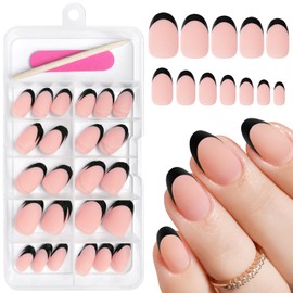 AddFavor French Tips Press on Nails Medium Oval Fake Nails, 120pcs Black French Nails Press on Oval Nude Acrylic Nails Full Matte Artificial False Glue Nail Tips with Adhesive Tabs
