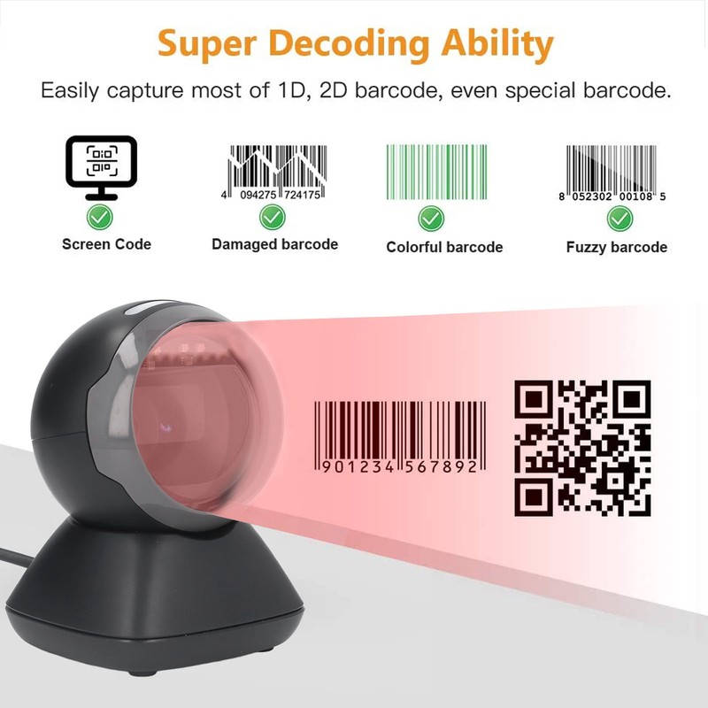 Desktop Barcode Scanner USB Wired QR Code Scanner for Supermarket