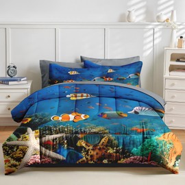 Queen Comforter Set with Sheets, 7 Pieces Underwater Sea Bedding