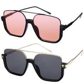 GGSTDDUP Oversized Square Sunglasses Semi Rimless 2 Pairs Retro 70S Vintage Sun Glasses Lightweight Tinted Trendy Shades Glasses for Women