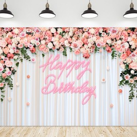 Riyidecor Flower Wall Happy Birthday Backdrop for Women Fabric Girls Neon Pink Floral Rose Blossom Plant Leaves Nature 7Wx5H Feet Aesthetic Photography Background Birthday Photo Studio Shoot