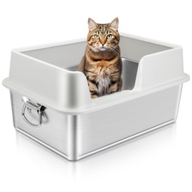 TownTime Stainless Steel Litter Box with High Sides,Anti-Splashing Large Cat Litter Box with Handle,Non-Sticky Metal Litter Box,Anti-Leakage Big Litter Box,Kitty Litter Box (White, Large)