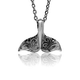 Hawaiian Jewelry by Austaras - Whale Fin Tail Necklace Hawaii Style for Men and Women Hypoallergenic 316L Stainless Steel 925 Sterling Silver Plated Engraved with Hibiscus Flower and Expandable Chain