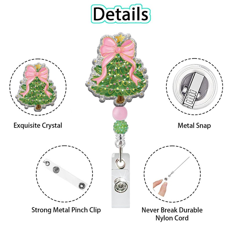 Christmas Tree Badge Reel, Cute Pink Bow Retractable Badge Holder