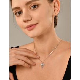 YL Caduceus Necklace 925 Sterling Silver Doctor Nurse Themed Pendant Created Aquamarine Angel Wings Snake Jewelry for Women