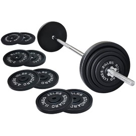 Signature Fitness Cast Iron Standard Weight Plates Including 5FT Standard Barbell with Star Locks, 95-Pound Set (85 Pounds Plates + 10 Pounds Barbell), Multiple Packages, Style #1