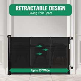 Retractable Baby Gates for Doorways 55" Wide Retractable Dog Gate for Stairs, Mesh Dog Gates for The House, Retractable Gate Outdoor Baby Gates for Decks, Child Gate Keeps Kids & Pets Contained, Black