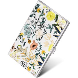 MaxGear Metal Business Card Holder for Men & Women, Professional Stainless Steel Card Case for Business Cards, Slim Purse Name Cards Holders with Interior Lining, Buckle Style Shut, White Floral