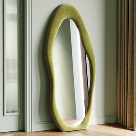 Honyee Honyee Full Length Mirror, 63" x 24" Wall Mirror, Flannel Wrapped Wooden Frame Floor Mirror, Irregular Wavy Mirror Hanging or Leaning Against Wall for Cloakroom/Bedroom/Living Room, Green