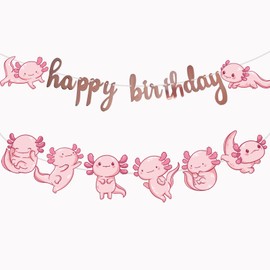 2 Pcs Axolotl Happy Birthday Banner Pink Cartoon Axolotl Aquatic Creature Hexagonal Dinosaur Party Garland Sign Decorations Sea fish Creatures Themed Party Supplies Favors for Kid Girl Boy