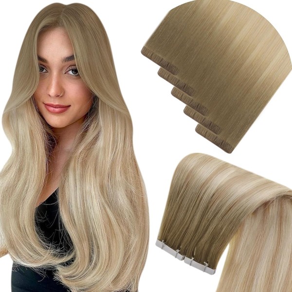 LaaVoo Virgin Real Hair Tape Extensions Balayage Blonde Extensions Real Hair Tapes Light Brown Ombre Ash Blonde Platinum Blonde Hair Extensions Real Hair Tape Straight #8/27/60 40 cm 5 Pieces 10 g