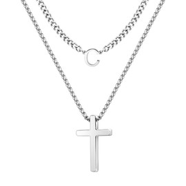 Cross Necklace for Men Layered Initial Cross Pendant Necklace Letter C Cross Necklace for Men Christian Jewelry Gift for Men