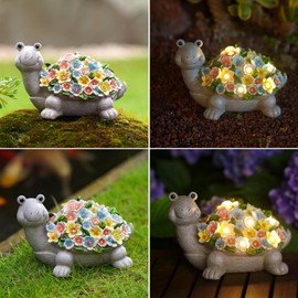 Solar Turtle Garden Decor with Flowers: Outdoor Clearance Statue Lights for Outside Lawn Ornaments Porch Patio Balcony Yard Home – Birthday Gifts for Mom Grandma Women