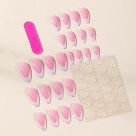 Almond Press On Nails Medium Fake Nails French Tip False Nails With Glitter Design Pink Acrylic Nails Artificial Nails Glossy Glue On Nails Full Cover Stick On Nails For Women Manicure 24pcs