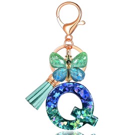 JINGUAZI Initial letter Keychains for Women Tassel Butterfly Pink Purple Cute Car Keychain for Wallet Backpack bag charm, Q-blue Green, Keychains
