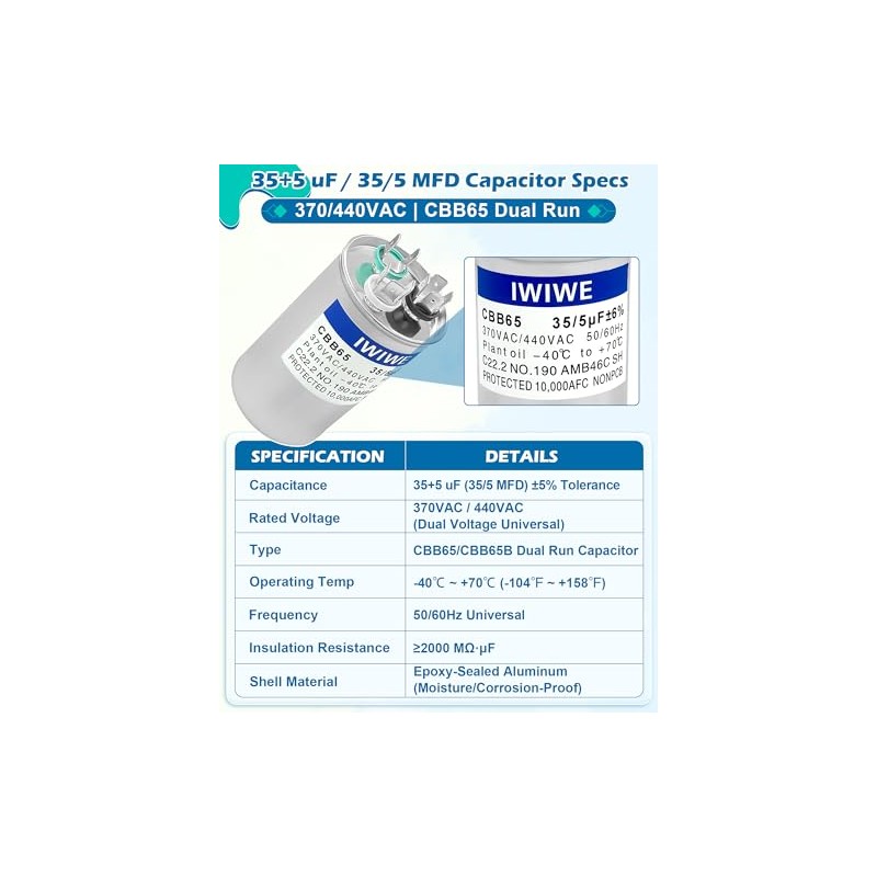 IWIWE 35+5 uF (35/5 MFD) ± 5% 370/440VAC CBB65/CBB65B Condensador