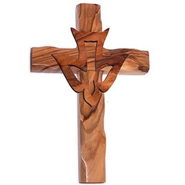 Holy Land Market Olive Wood Cross with Descending Dove - Holy Spirit Dove - Pentecostal Cross (6 Inches)