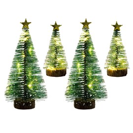 4 Pcs Mini Christmas Tree with Light 15cm/10cm Mini Snow Frost Trees LED Tabletop Pine Trees with Wooden Base Artificial Christmas Tree with String Light for Winter Xmas Home Office DIY Desktop Decor