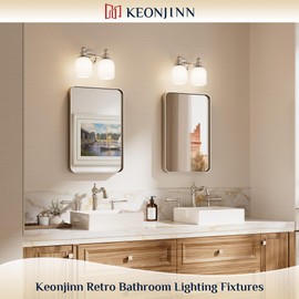 Keonjinn Brushed Nickel Bathroom Light Fixtures, 2-Light Vintage Vanity Lights for Mirror with Frosted Glass Shades, UL Listed E26 Base Reversible Vanity Lighting Fixtures for Wall(Bulbs Not Included)