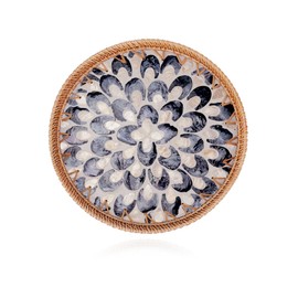 Shellac Rattan Tray with Mother of Pearl Inlay, Round Decorative Serving Tray for Home Décor Coffee Table Storage and Display, 100% Natural Materials - Ottoman Tray Black 12"