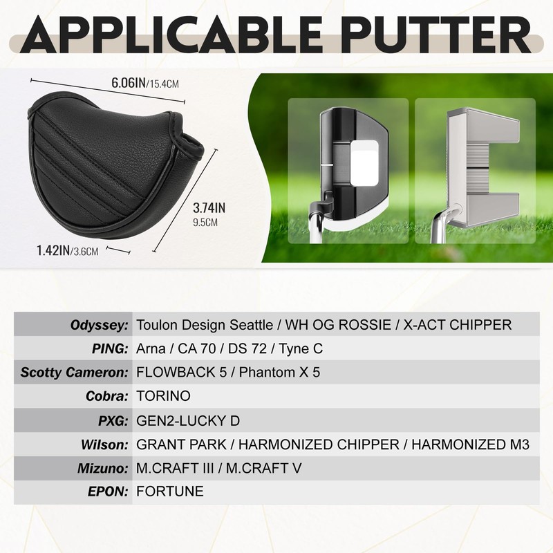Golf MId Hlaf Mallet Putter Head Cover Magnetic Closure Heel-shaft