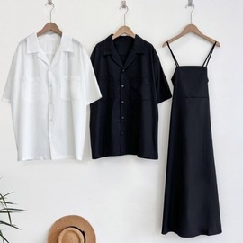 Summer Resort Couple Look: Men's Shirt & Women's Long Dress Set - F / Men's Black - Women's Black