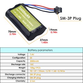 MOONZON 2PCS 7.4V 3000mAh 15C 2S SM-3P Plug Li ion Battery and USB Charger Suitable for DE43 DE60 9500E RC Car Model Truck Huina 1575 RC Engineering Vehicle RC Remote Control Toy Car