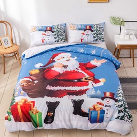 Chanyuan Christmas Bed Linen Set 135 x 200 cm Santa Claus Gift Snowman Pattern for Children Microfibre Blue White Christmas Duvet Cover with Pillowcase 80 x 80 cm