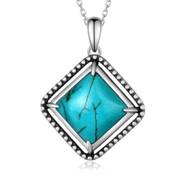 Genuine Sterling Silver Turquoise Necklace - Square Turquoise Pendant Vintage Nature Gemstone Real Western Jewelry for Women
