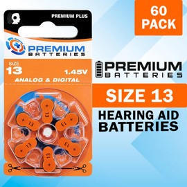 Premium Batteries Size 13, PR48, P13, ZA13 1.45V Zinc Air Hearing Aid Batteries Orange Tab (6 Batteries)