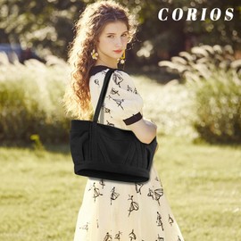 CORIOS Canvas Tote Bags for Women Large Capacity Shoulder Bag Casual Handbag Top Handle Bag with Zipper and Multi Pockets Chic Bag Work Travel Shopping Daily Hobo Bag Black