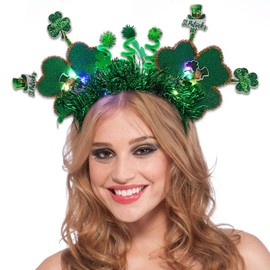 Campsis LED St Patrick's Day Headband Green Glowing Shamrock Hair Band Sequins Light Up Irish Hair Accessories Costumes Party for Women and Girls