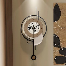 FIXNEO Wall Clocks for Living Room Decor Non Ticking Modern Fancy Wall Clock Bedroom/Kitchen Battery Operated Clock Brown Swallows 27"*12"