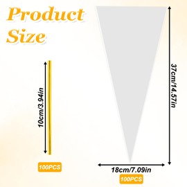 Cone Treat Bags, 100 Pieces 7 x 15 Inches Cone Plastic Bags with Twist Ties Clear Cones Shaped Treat Bag Disposable Popcorn Bag Clear Candy Sack for Party Treats, Popcorn, Candy, Cookies