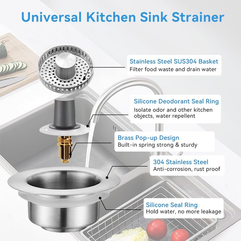 Kitchen Sink Drain Strainer, Pop-up Sink Stopper, 3-in-1 Universal Sink