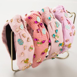 Cusprtm Easter Headband for Women Girls, Easter Eggs Rhinestone Headband Fashion Plaid Top Knot Hairband, Easter Party Headwear Funny Easter Headband Easter Hair Accessory Gifts (B - Rose-red Easter)