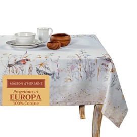 Maison d' Hermine Table Cover 100% Cotton 140cm x 180cm Decorative Tablecloth Washable Square Easter Tablecloths for Dining, Home, Wedding, Banquet, Buffet, Meadow Florals - Beige - Spring/Summer