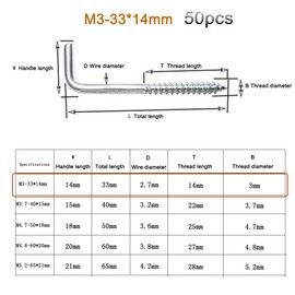 YXQ 50pcs Square Bend Hooks,M3-33x14mm Self-Tapping L Shape Right Angle Wall Hook for Hang Display Medal Jewelry, Zinc Plated