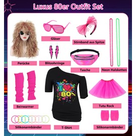 Mrsclaus 80s Outfit Women: Pink XXL Costume Set with T-Shirt, Tutu, Wig, Accessories & Accessories for 80s Party