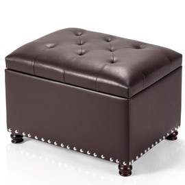 Adeco Bonded Leather Square Tufted Storage Footstool, 18" ottoman, Dark Brown